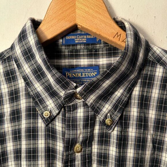 Pendleton Oxford Mens Plaid Black & White Green Long Sleeve Button Shirt Large - Picture 8 of 8